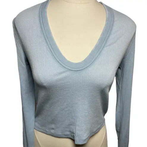 Cotton Citizen Ribbed Scoop Neck Long Sleeve Crop Top Blue L NWT Revolve