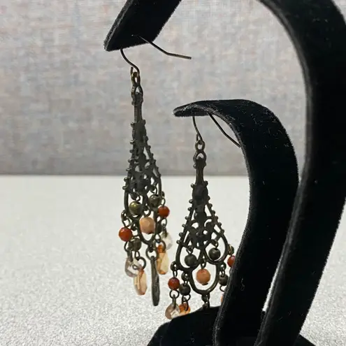 Bohemian Chandelier Earrings Bronze Tone Orange Gemstone Dangle Drop Fairycore Brown