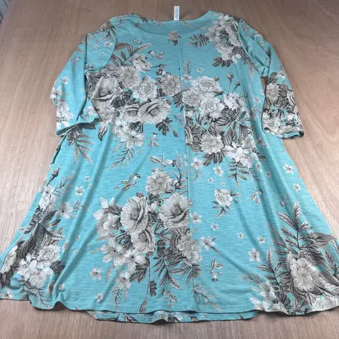 Paisley Grace Floral A-Line Dress XL Teal Beige Stretchy Knit 3/4 Sleeve