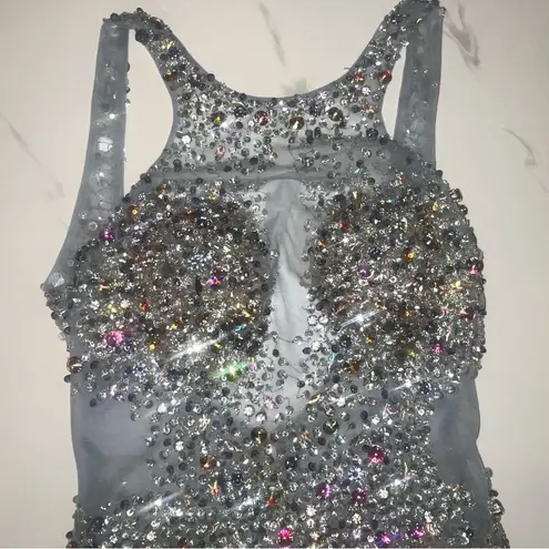 Terani Couture Sheer Illusion Rhinestone Beaded Sheer Silver Mini Dress 4