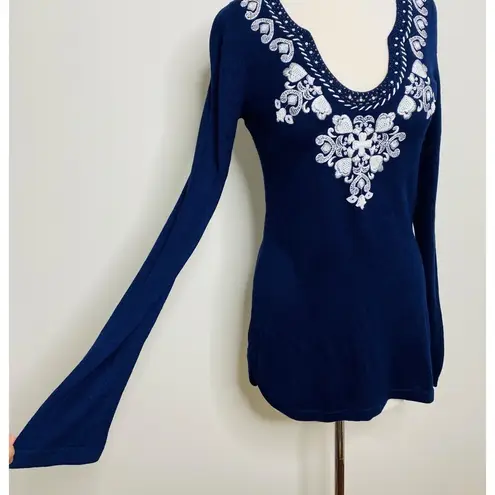 Lilly Pulitzer April Embroidered Tunic Sweater Blue Wool Blend Sz M