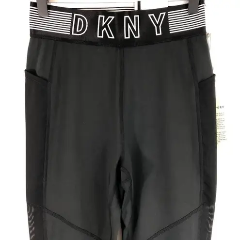 DKNY New  Mesh Side Logo Waistband Leggings High Rise 7/8 Length Black