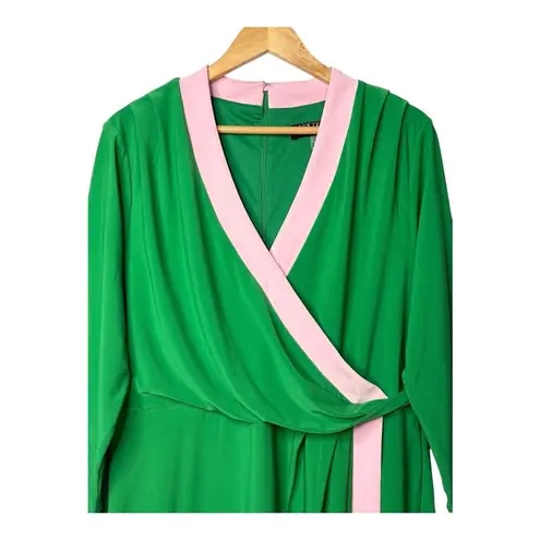 Kasper Colorblock Midi Wrap Dress Kelly Green Pink Trim 3/4 Sleeve Plus Size 1X