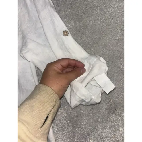 Lungo L'arno 100% Linen Button Up Roll Tab Sleeve Top Size S Eyelet Design White Blue - Image 3