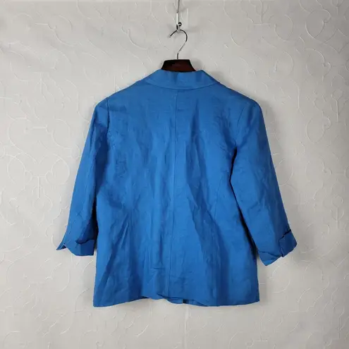 JM Collection Womens Linen Jacket 4 Petite Blue Button Front Pockets 3/4 Sleeve