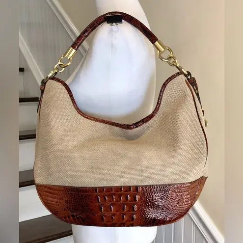 Brahmin Canvas and Warm Brown Crocodile Leather Shoulder Bag with Medallion