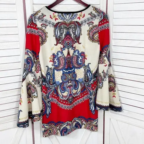 Melissa Paige Paisley Damask Print Bell Sleeve Knit Tunic Top Red Cream Small