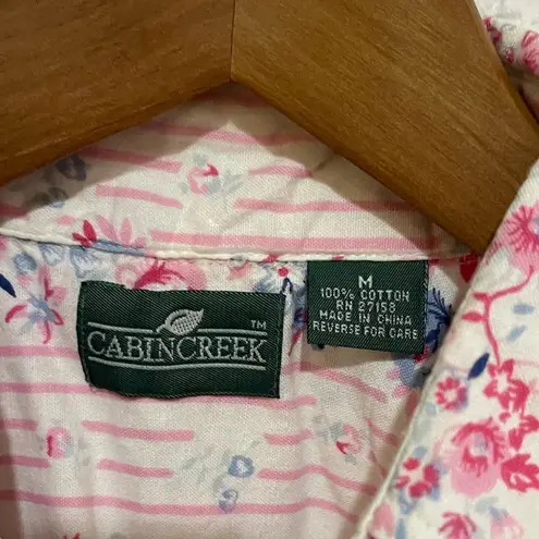 Cabin creek Women’s pink/white stripe floral print short sleeve collar shirt M