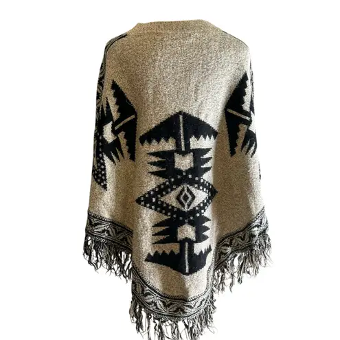 Poncho Cape Shawl Double Knit Dolman Beige Black Art to Wear Fringe West 36th Tan Size undefined