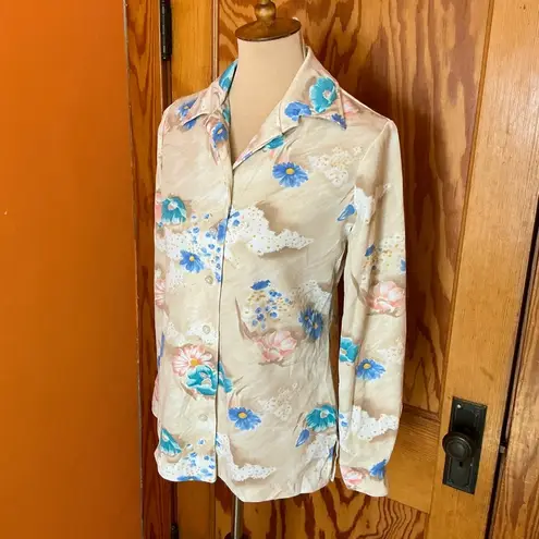 Vintage 70s floral polyester disco shirt Tan Size M