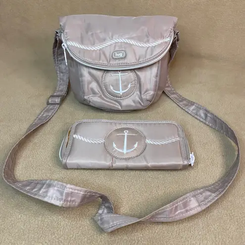 Lug Nautical Collection Anchor Crossbody Bag & Wallet Set Beige Rope Detail EUC Tan