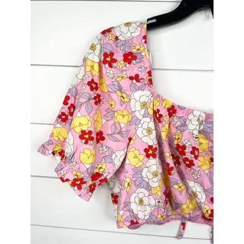 VERO MODA Pink Floral Print Puff Sleeve Tie Front Crop Blouse Size XL