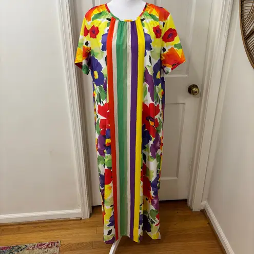 Frances Valentine Floral Print Maxi Resort White Lotus Dress Lg Colorful Cruise