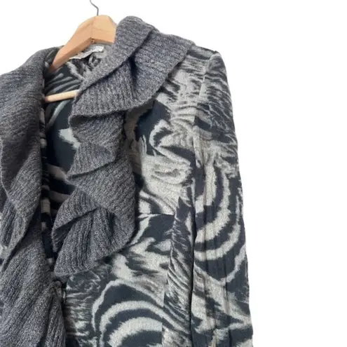 Alberto Makali gray animal print drapery ruffle cardigan sweater size M