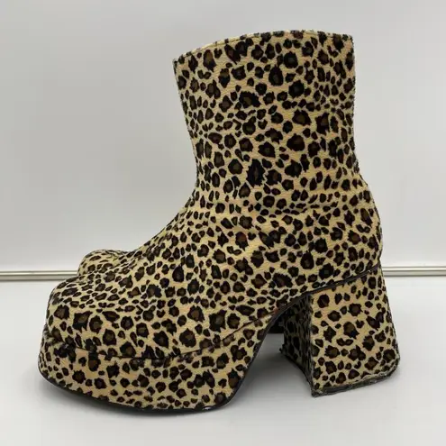 Vtg Plats Leopard Plush Platform Super Chucky Ankle Boots Size 10 Disco Funky