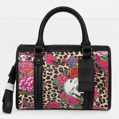 Ed Hardy Barrel Satchel Handbag Leopard Tattoo Floral Skull Print NWT