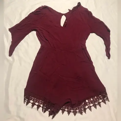 Ambiance Women’s Burgundy Romper 3/4 Sleeve Lace Deep V Cut Romper Size M Size M