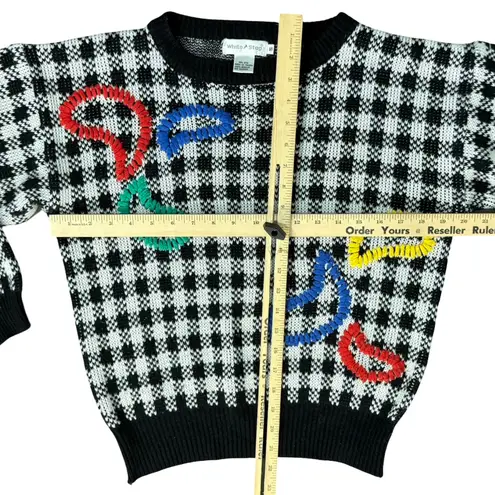 Vintage Black White Check Wide Stitch Rainbow Detail Crew Neck Sweater size S