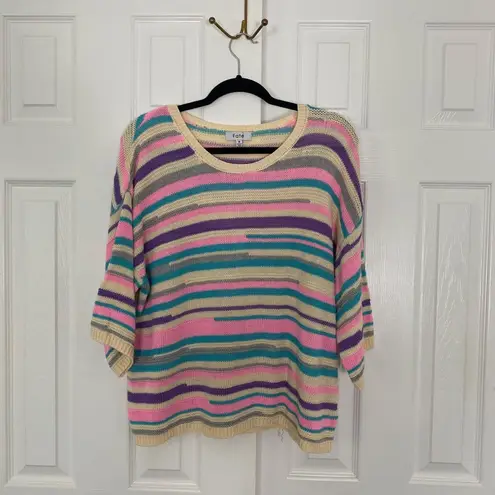 Fate Rainbow Multicolor Striped 3/4 Sleeve Chunky Wide Sleeve Knit Sweater S Pink