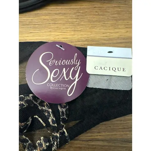 Cacique Black Lace Bra 40D Thong Panty 14/16 Gold Leopard Lingerie Set NWT