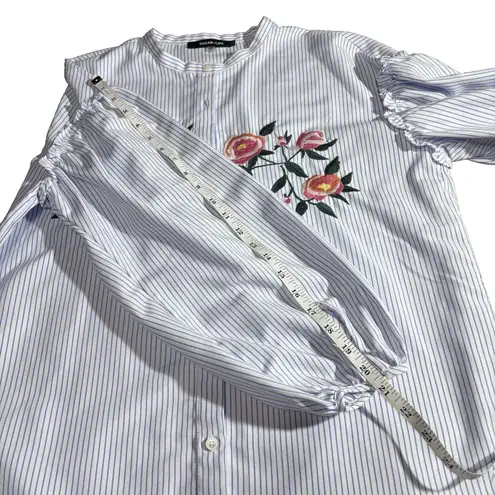 Sugar Lips Long Puff Sleeve Embroidered White with Stripe Button Down Shirt M Size M