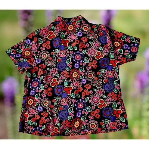 Elementz VTG  Blouse Woman 1X Black Floral Shirt Button Short Sleeves Psychedelic