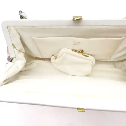 Vintage Magid Beaded Floral Clutch Purse White Pink Purple w Coin Pouch Beaded