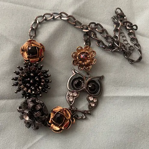 14” To 16” Vintage Choker Necklace Owl & Flower Attached Pendants Black