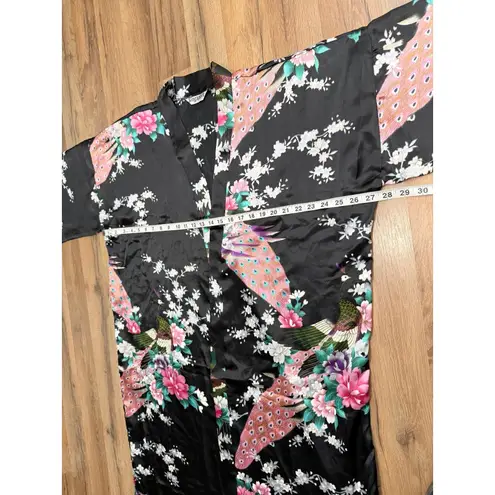 Black Satin Floral Peacock Kimono Robe Belted One Size Singapore
