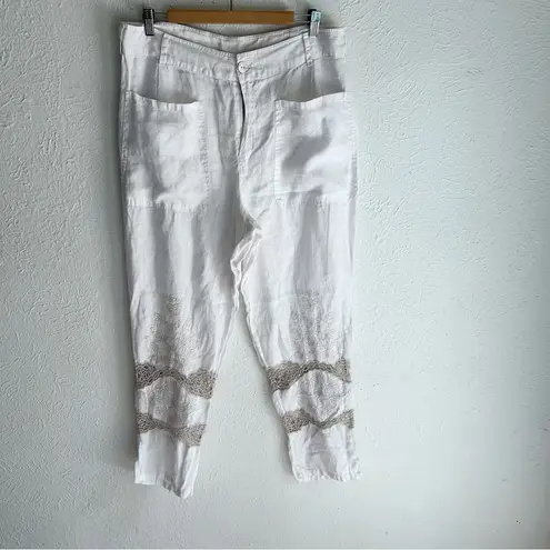Johnny Was Stasha Linen Lace Embroidered Detail Pants Sz Large White
