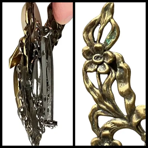 Vintage Signed Jane Brass Silver Mother of Pearl Angel Heart Brooch Steampunk Gold