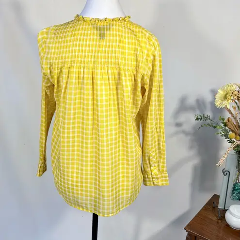 J.Crew  Pintuck Yellow Gingham Blouse Ruffle Neck Long Sleeve Sz 2P💛