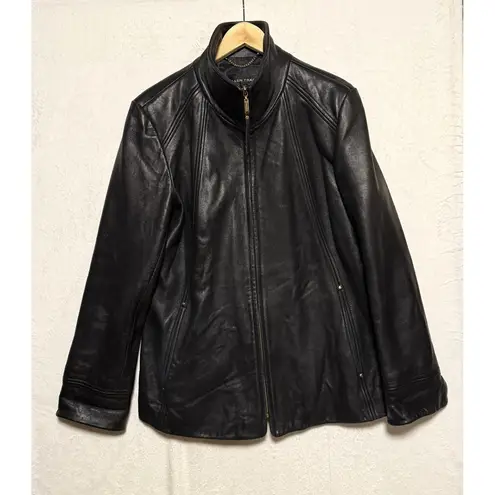 Ellen Tracy Womens Black Leather Zip Front Jacket Size L Funnel Collar Old Money