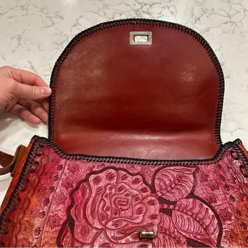 Red Leather Floral Tooled Shoulder Bag Purse