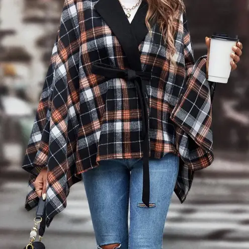 SheIn Womens Plaid Tie Front Batwing Style Cape Lapel Contrast sz sm