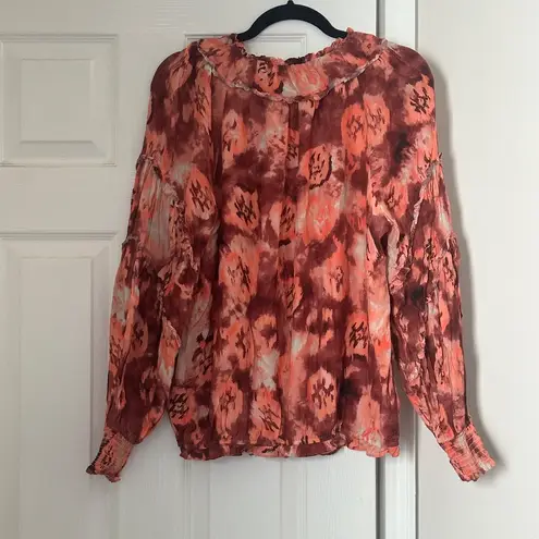 Ramy Brook Blouse Womens Large Pink Raquel Long Sleeve Top Feminine Boho Tie Dye