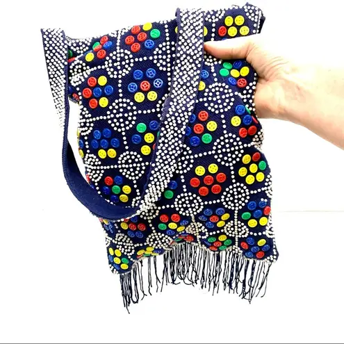 VTG 60s Candy Dot Button Bead Hippie Shoulder Bag Blue