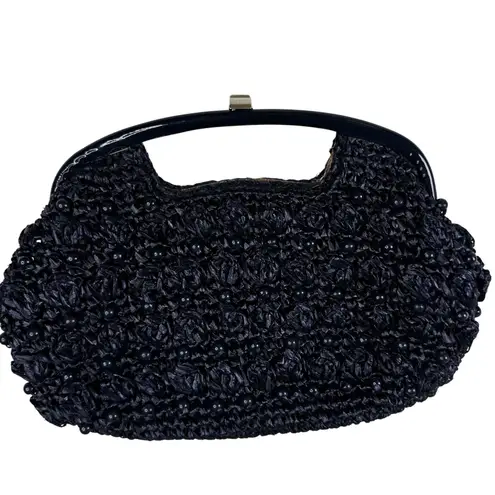 Vintage Navy Raffia Beaded Clutch Evening Bag Top Handle Purse Blue
