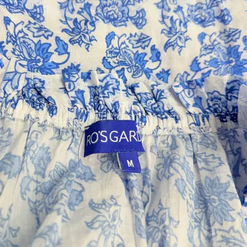 Ro’s Garden Blue Floral Peasant Blouse 3/4 Sleeve Tassel Tie Size M Size M