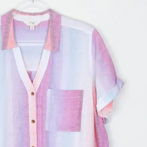 Terra & Sky Womens Button Down Linen Camp Shirt Size 0X Short Sleeve Ombre Work - Image 2