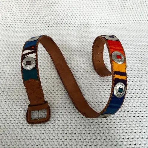 Artisan Vintage Tan Tooled Leather Guatemala Woven Multi Silver Ring Belt OS