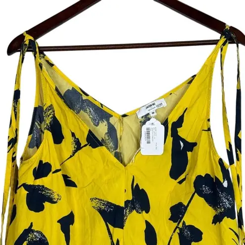 Jason Wu RTR Floral Sleeveless RuffleV Neck Top Tie Straps 10 Yellow Navy Blue