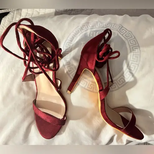 Elegant Allegra K Women's Dark Red Solid Open Toe Lace Up Stiletto Heels Pink Size 9