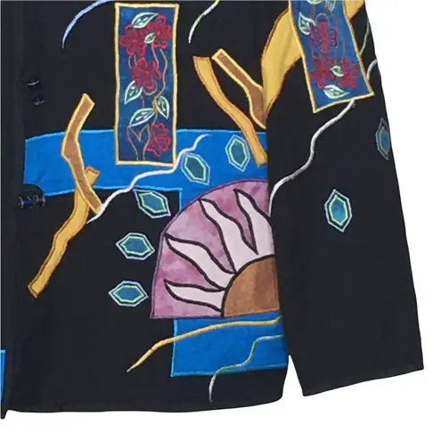 Allure Vintage Patchwork Art to Wear Jacket Embroidered Sun floral Medium Black