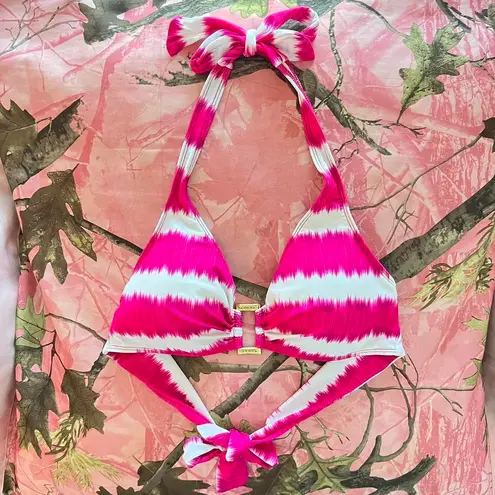 Ralph Lauren y2k  hot pink striped gold ring halter bikini top