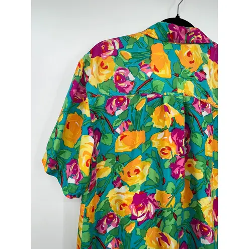 VINTAGE CLIO M 80s/ 90s Button Up Down Silk Short Sleeve Shirt Pop Art Womens Size M