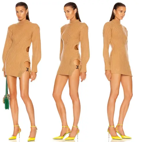 David Koma Camel Side Cutout Ribbed Knit Mini Dress Tan Size M