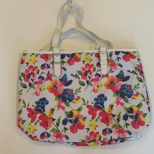 Small Tote Bag and Makeup Bag Set White with Pink Blue and Yellow Flowers Red