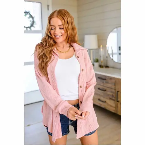 7th Ray Cable Knit Button Front Shirt Jacket Shacket Pink Small