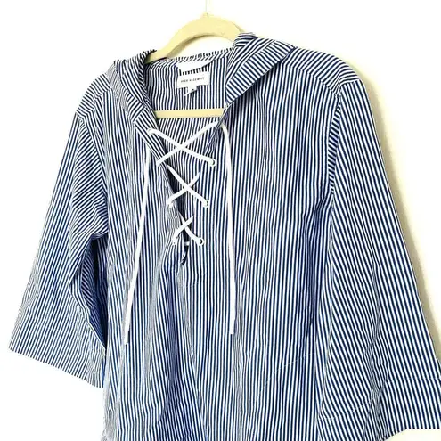 Free Assembly Oversized Striped Lace Up Cotton Hooded Blouse Top Sz S Blue